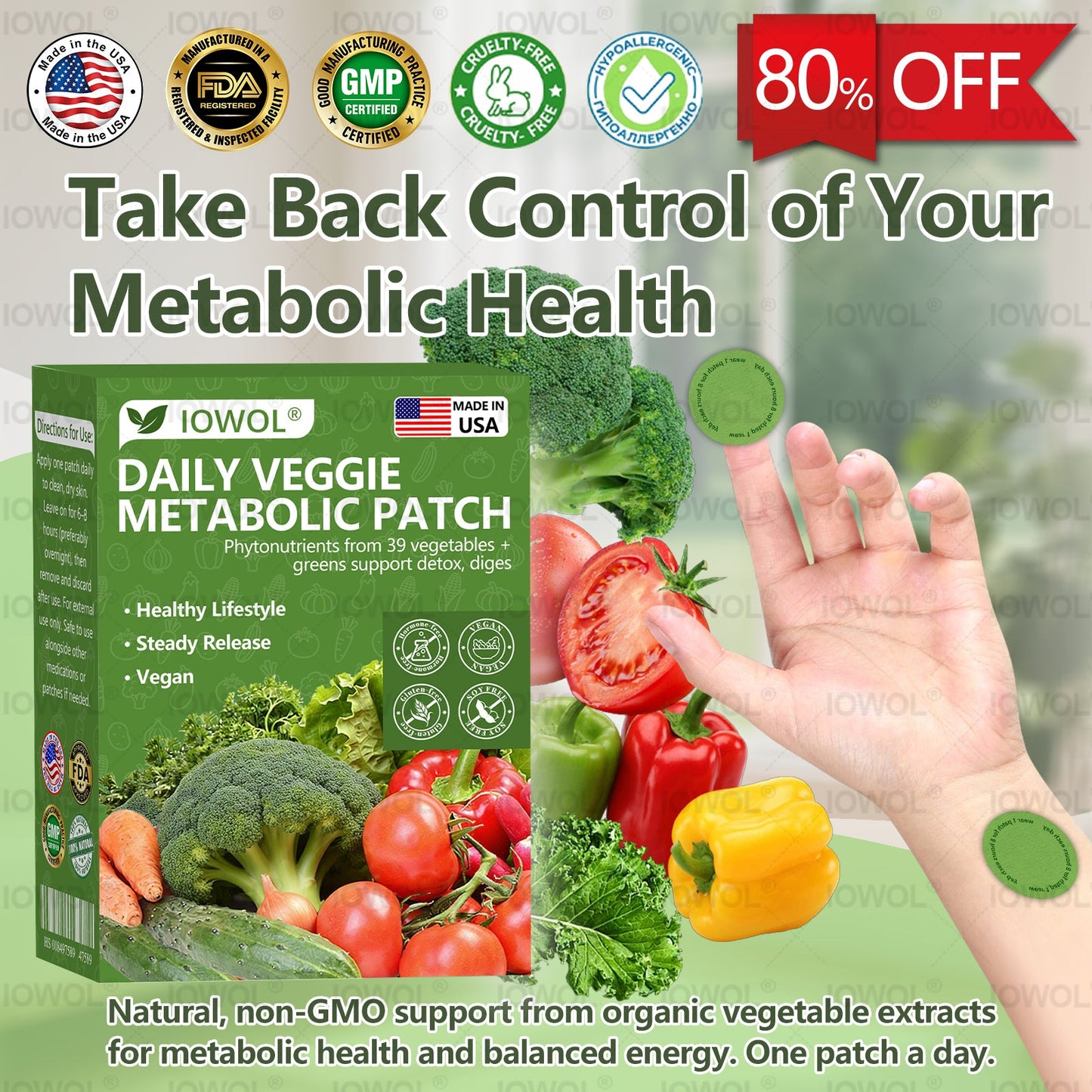 𝐈𝐎𝐖𝐎𝐋® 𝐃𝐚𝐢𝐥𝐲 𝐕𝐞𝐠𝐞𝐭𝐚𝐛𝐥𝐞 𝐌𝐞𝐭𝐚𝐛𝐨𝐥𝐢𝐜 𝐏𝐚𝐭𝐜𝐡 𝐮𝐬𝐞𝐬 𝐨𝐫𝐠𝐚𝐧𝐢𝐜 𝐯𝐞𝐠𝐞𝐭𝐚𝐛𝐥𝐞 𝐞𝐱𝐭𝐫𝐚𝐜𝐭𝐬 𝐚𝐧𝐝 𝐩𝐡𝐲𝐭𝐨𝐧𝐮𝐭𝐫𝐢𝐞𝐧𝐭𝐬 𝐟𝐫𝐨𝐦 𝟑𝟗 𝐯𝐞𝐠𝐞𝐭𝐚𝐛𝐥𝐞𝐬 + 𝐠𝐫𝐞𝐞𝐧𝐬 𝐭𝐨 𝐬𝐮𝐩𝐩𝐨𝐫𝐭 𝐝𝐞𝐭𝐨𝐱, 𝐝𝐢𝐠𝐞𝐬𝐭𝐢𝐨𝐧 & 𝐦𝐞𝐭𝐚𝐛𝐨𝐥𝐢𝐜 𝐫𝐞𝐬𝐞𝐭, 𝐚𝐧𝐝 𝐛𝐨𝐨𝐬𝐭 𝐞𝐧𝐞𝐫𝐠𝐲 𝐟𝐨𝐫 𝐚𝐥𝐥-𝐝𝐚𝐲 𝐰𝐞𝐥𝐥𝐧𝐞𝐬𝐬.